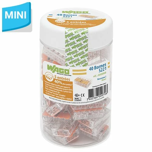 WAGO S221 40 Mini Bornes De Connexion Rapide 5 Entrées Pour Fils Souples Et Rigides - 221-415 3 WAGO S221 40 Mini Bornes De Connexion Rapide 5 Entrées Pour Fils Souples Et Rigides - 221-415